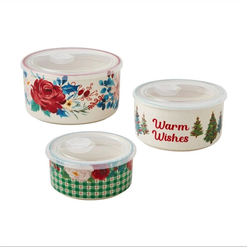 The Pioneer Woman Warm Wishes 6 pc. Round Ceramic Bowl set with Lids-NWT